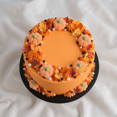 Pumpkin Patch autumn celebration cake with soft orange ribbed buttercream, marshmallow pumpkins, edible autumn leaves and white pearls on a black cake board. Available for delivery across London.