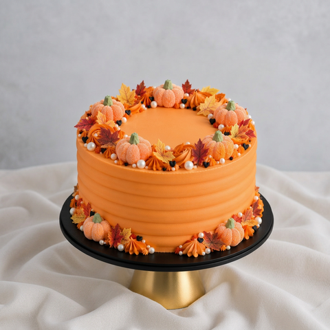 Pumpkin Patch autumn celebration cake with soft orange ribbed buttercream, marshmallow pumpkins, edible autumn leaves and white pearls on a black cake board. Available for delivery across London.