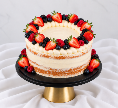 A multi-layered naked cake with white frosting, decorated with fresh strawberries, blackberries, raspberries, and blueberries, displayed on a black and gold cake stand against a white draped fabric background.
