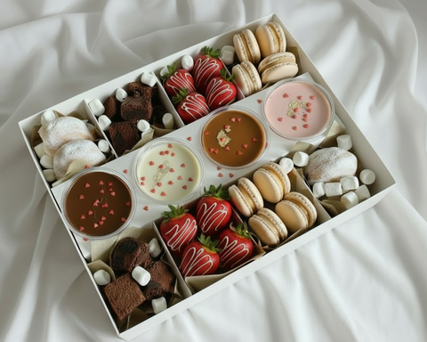 Celebrate with our thoughtfully curated dipping box, designed for sharing to enjoy together. This indulgent collection pairs delicate macarons, fudgy brownies, and dusted donuts with fresh strawberries for dipping. Choose from rich chocolate, creamy cheese, or fruity strawberry dips to create your perfect bite. An ideal gift that arrives fresh across the UK