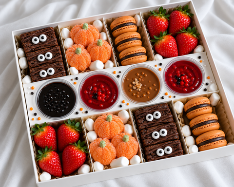 A white gift box filled with assorted Halloween-themed treats, including Orange flavoured & coloured macarons, fresh strawberries, pumpkin-shaped marshmallows, chocolate Brownies with spooky googly eyes, and small cups of berry, dark chocolate and cinnamon dipping sauces. Available for delivery across London for halloween parties.