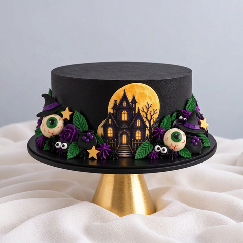 Midnight Witch’s Enchanted Garden Halloween cake with smooth black buttercream, haunted house, golden moon, witch hats, cauldrons, spooky eyeballs, purple flowers and green leaves. Available for delivery across London.
