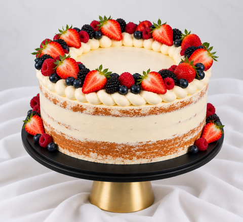 A semi-naked cake with cream frosting and fresh berries, displayed on a black and gold cake stand against a white draped fabric background.
