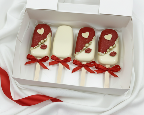 Order for same- day delivery in London. Our special Valentine Cakesicles are ready to dine with you! These stunning red and white chocolate-coated treats feature a lusciously soft centre that's sure to melt hearts (and taste buds). Beautifully crafted for romance, they're the perfect way to say "I love you" without uttering a word. We'll deliver your delicious declaration of affection straight across London. Available for same-day and next-day cake delivery in London