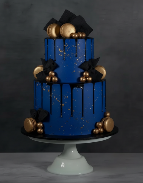 An elegant royal blue and gold 2 tier cake decorated with gold balls, gold macarons and black shards perfect cake for a big birthday and perfect for big events. Available for next-day cake delivery.