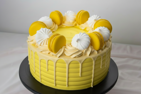A beautifully decorated white and yellow Lemon Drizzle cake, showcasing delicate macarons, a perfect birthday cake and perfect for celebrations. Available for same-day cake delivery.