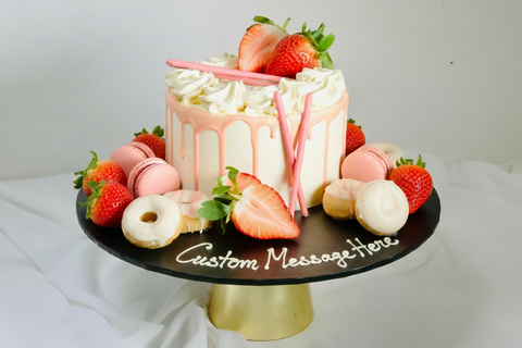 Tickling taste buds this Valentine with a delightful desert sharing platter. 
Indulge in a mini cake, 5 mini dipped donuts, 4 Macarons and 8 fresh strawberries.
Perfect for gifting or to enjoy on a romantic Valentine evening!
-Gift Wrapped With Red Ribbon