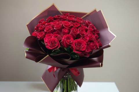 50 Red Rose Bouquet with Black Wrap