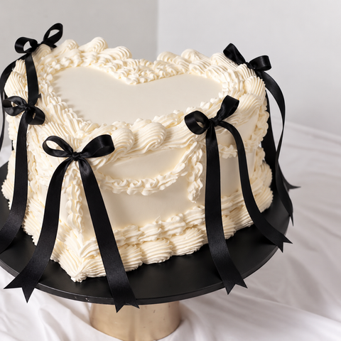 A heart-shaped frosted cake with white piped borders and black ribbon bows, displayed on a black round stand against a light background.