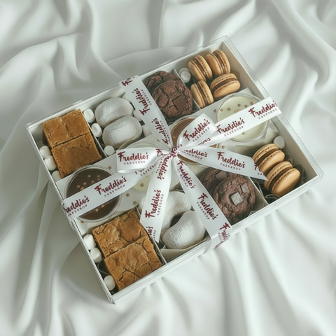 Box of assorted cookies and pastries with a white ribbon on a white fabric background, featuring 'Freddie's Cakeshop' branding.