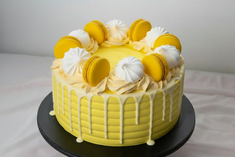 A beautifully decorated white and yellow Lemon Drizzle cake, showcasing delicate macarons and meringues, a perfect birthday cake and perfect for celebrations. Available for same-day cake delivery