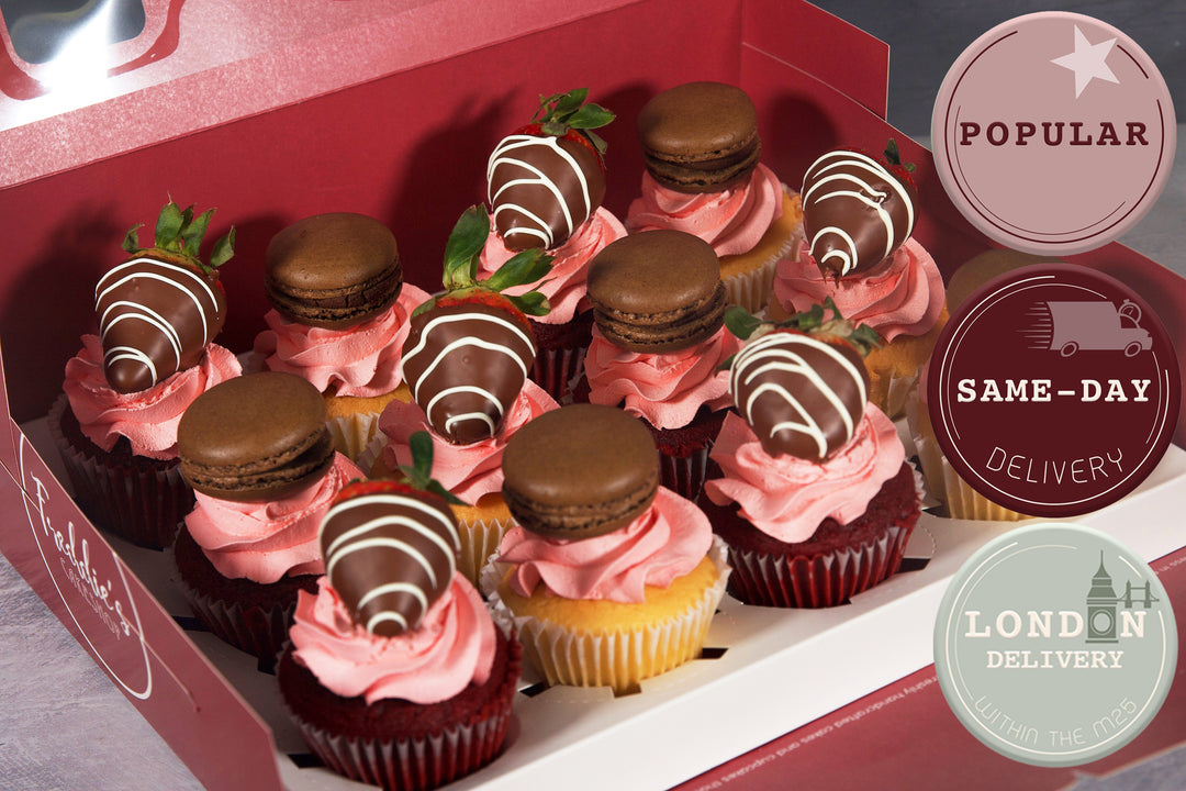 Creamy Strawberry and Macaron Cupcake Box Freddie's